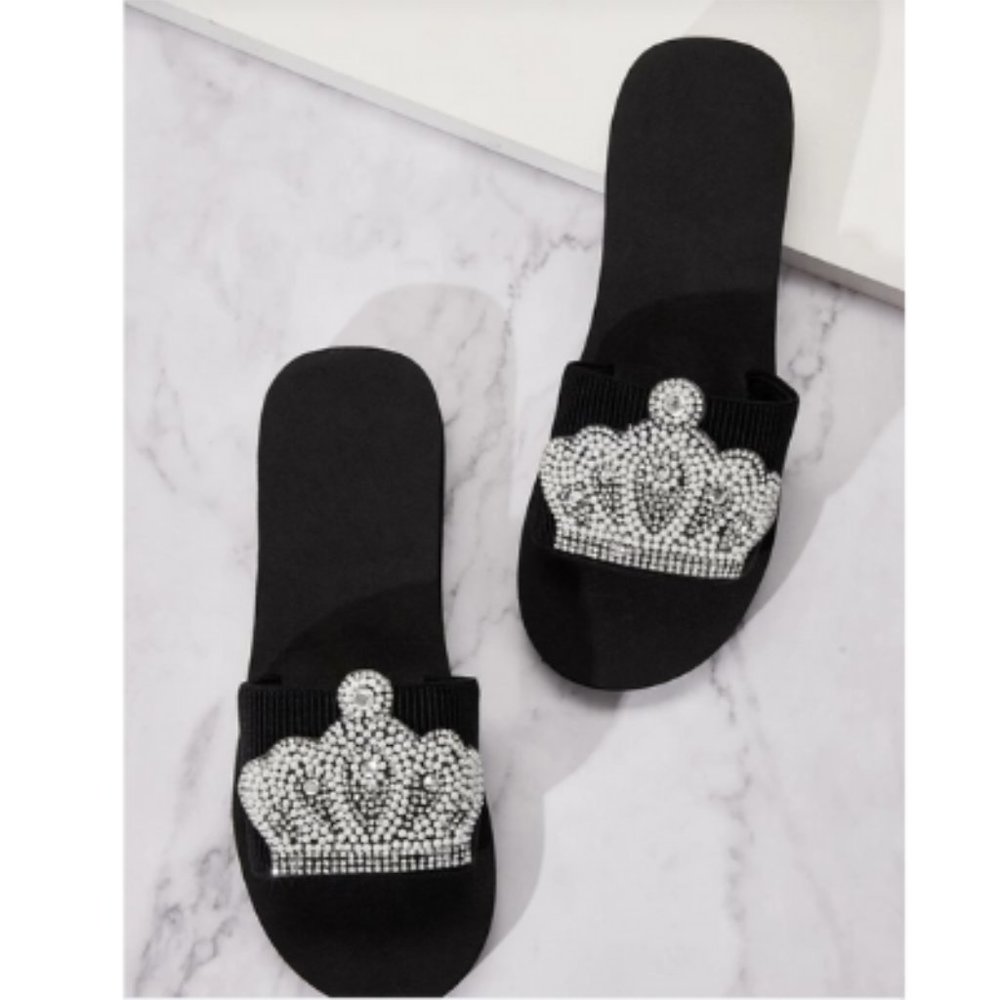 HP-Black Sandals W/ Sparkling Crown Emblem Selling Online For $49.00